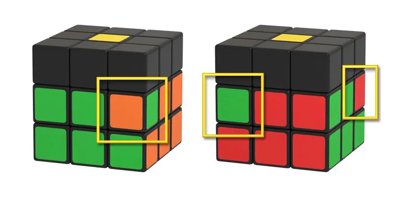 A few examples of incorrectly positioned pieces in the second layer of the Rubik's Cube