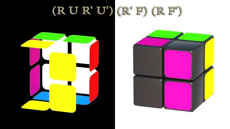 Solving Pocket cube 2x2x2: II step (5/7) - algorithm: (RUR'U')(R'F)(RF')