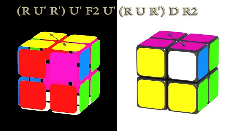 Solving Pocket cube 2x2x2: III step - permuting diagonal corners - algorithm: (RU'R')U'F2U'(RUR')DR2